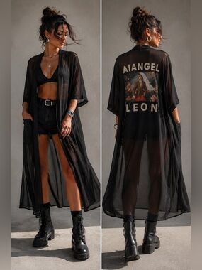 Sheer Black Graphic Kimono Duster Avant Garde Layering Cardigan